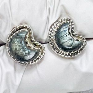 Sterling Silver Larvikite Crescent Moon Stud Earring Set
